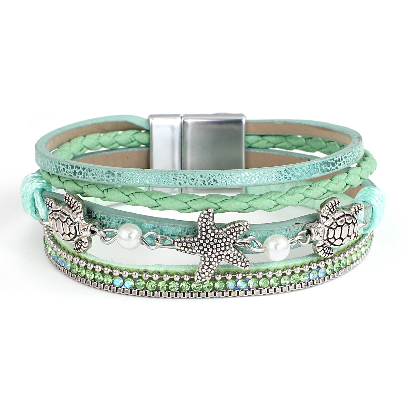 Amorcome Boho Metal Seashell Starfish Beads Charm Shiny Rhinesotne Leather Wrap Bracelets Vintage Summer Beach Femme Jewelry
