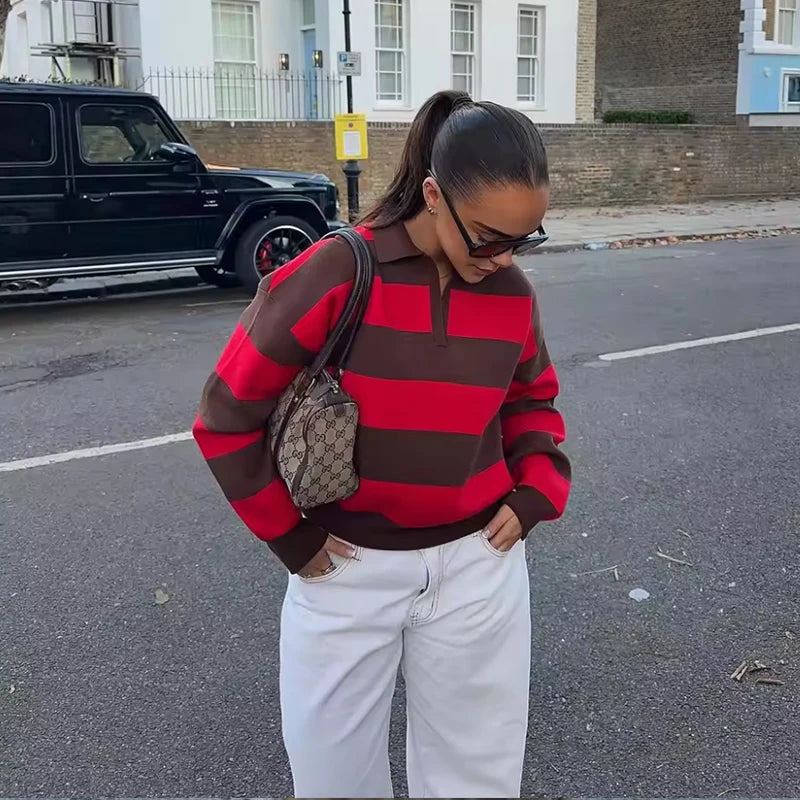 Women's 2026 New Knitted Striped Sweater Polo neck Pullover Spring Fashion Loose Elegant Warm Young Women Sweater Street Blouses