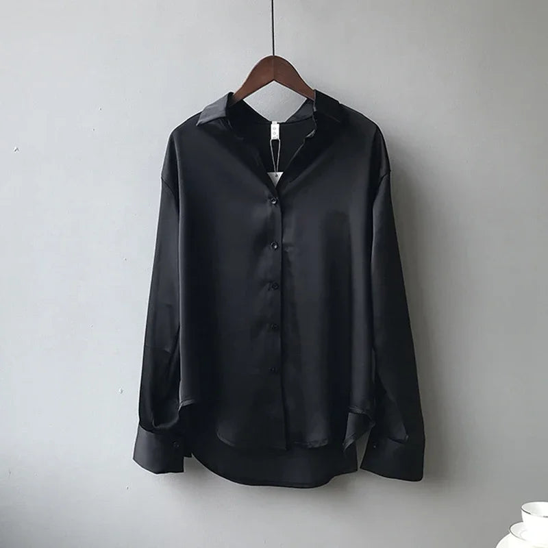 2026 Elegant Satin Loose Women Shirt Spring Turn-down Collar Ladies Blouse Autumn Vintage Casual Button Silk Tops