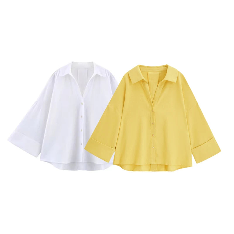 Women's Casual Loose Shirt for Spring/Summer 2025 Collar Button Design Wide Sleeves Minimalist Holiday Style