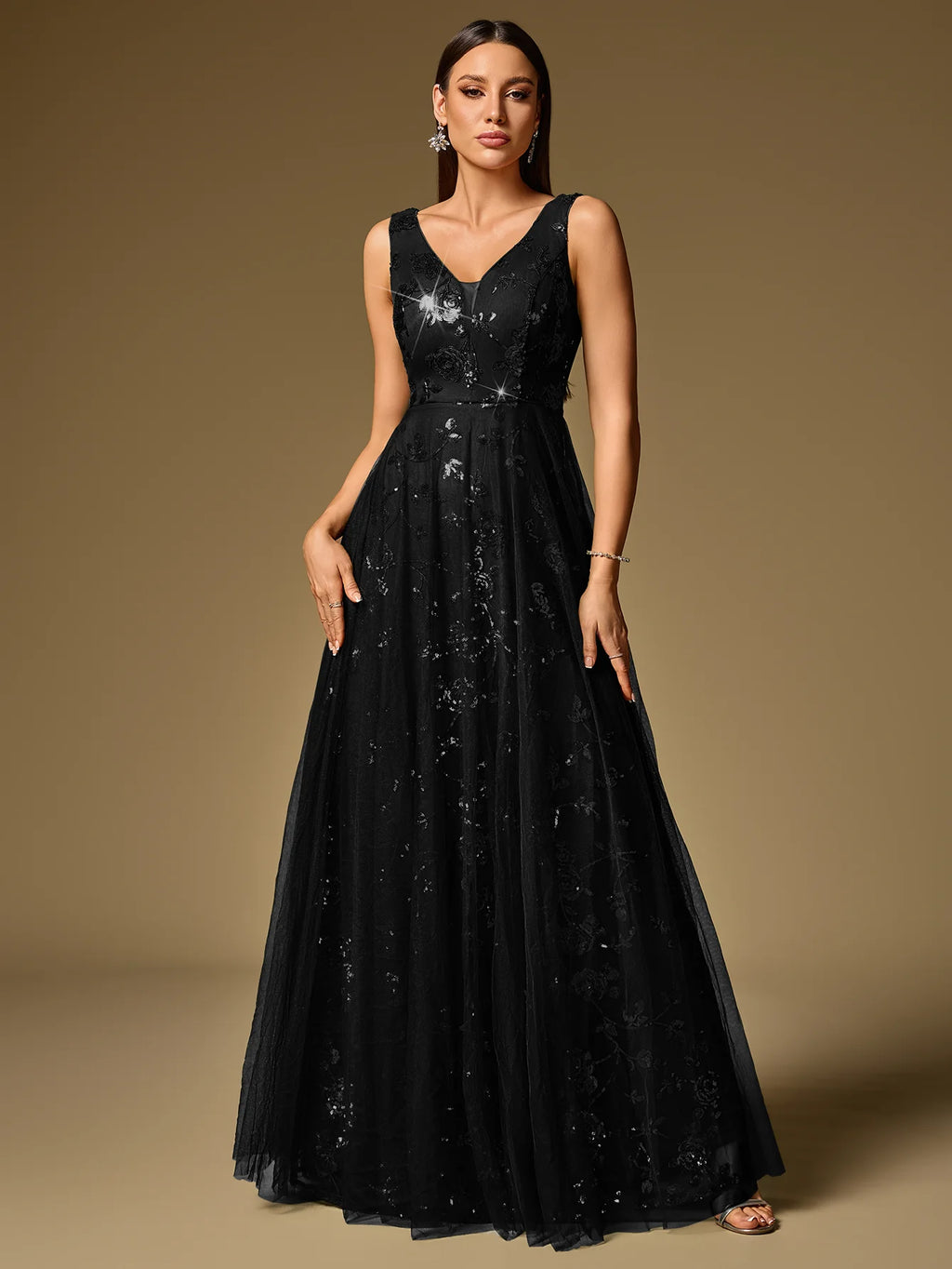 New Formal Evening Gown V-Neck Sleeveless Sequin Embroidery Long Party Dress Wedding Bridesmaid Dress