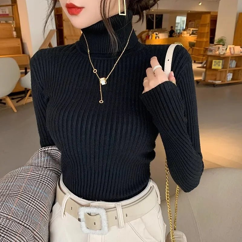 2026 Casual Slim Knitted Pullover Autumn Winter Thick Turtleneck Sweater Base Sweater Korean Style Simple Base Layer Warm Tops