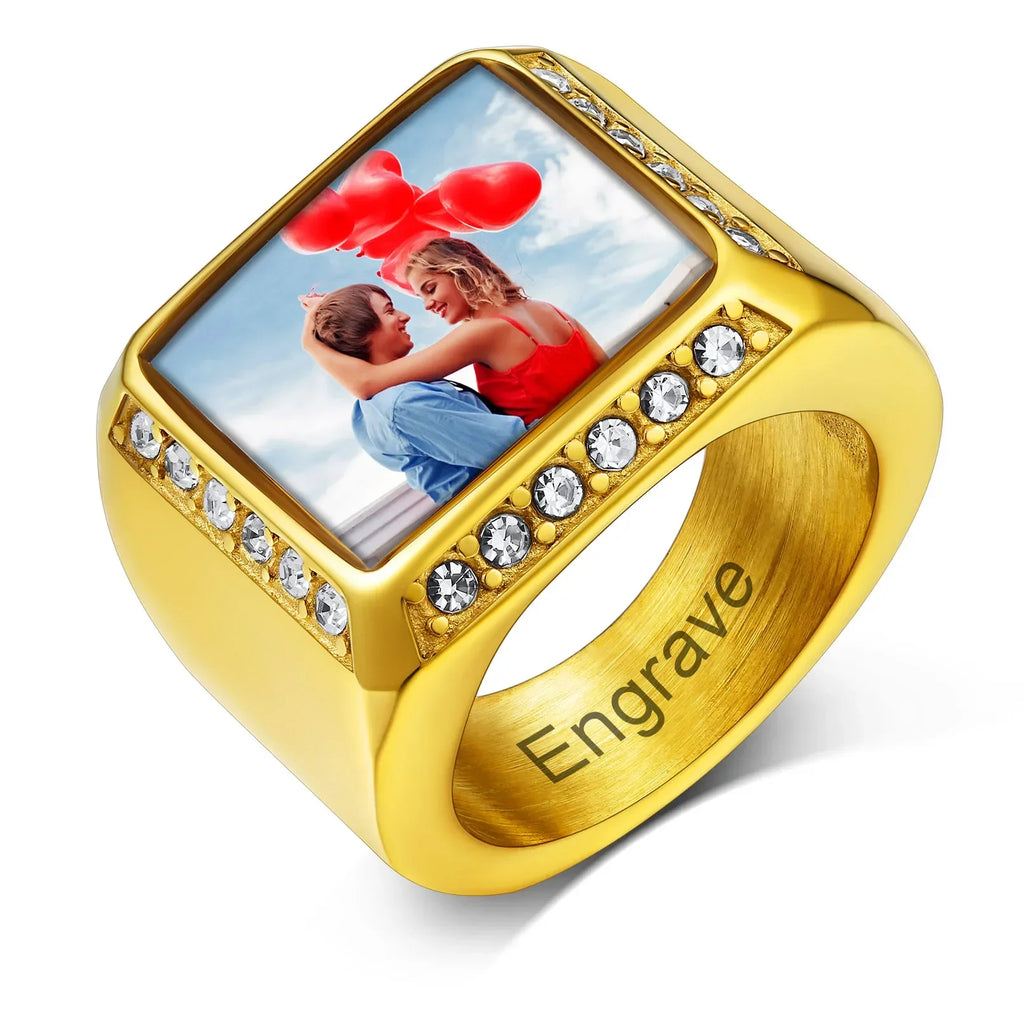 U7 Custom Photo Rings for Men Woman 316L Stainless Steel Logo Symbol Image Family Photo Square Round Heart Personalized Jewelry