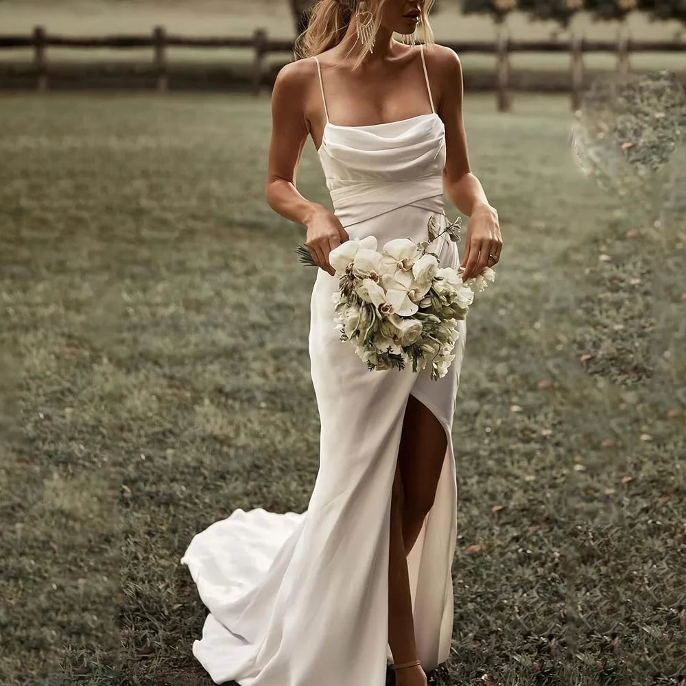 Customized Simple Mermaid White Wedding Dresses Spaghetti Straps High Slit Satin Backless Plain Bridal Gown Sweep Train Vestidos
