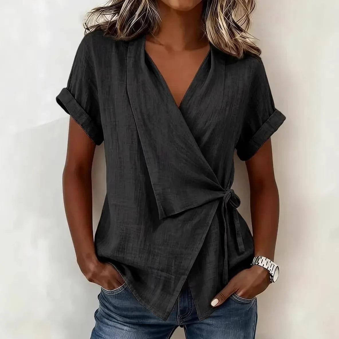 2026 Spring and Summer Cross-border European and American New Style Casual Solid Color Stand-up Collar Tie-up Asymmetrical Loose