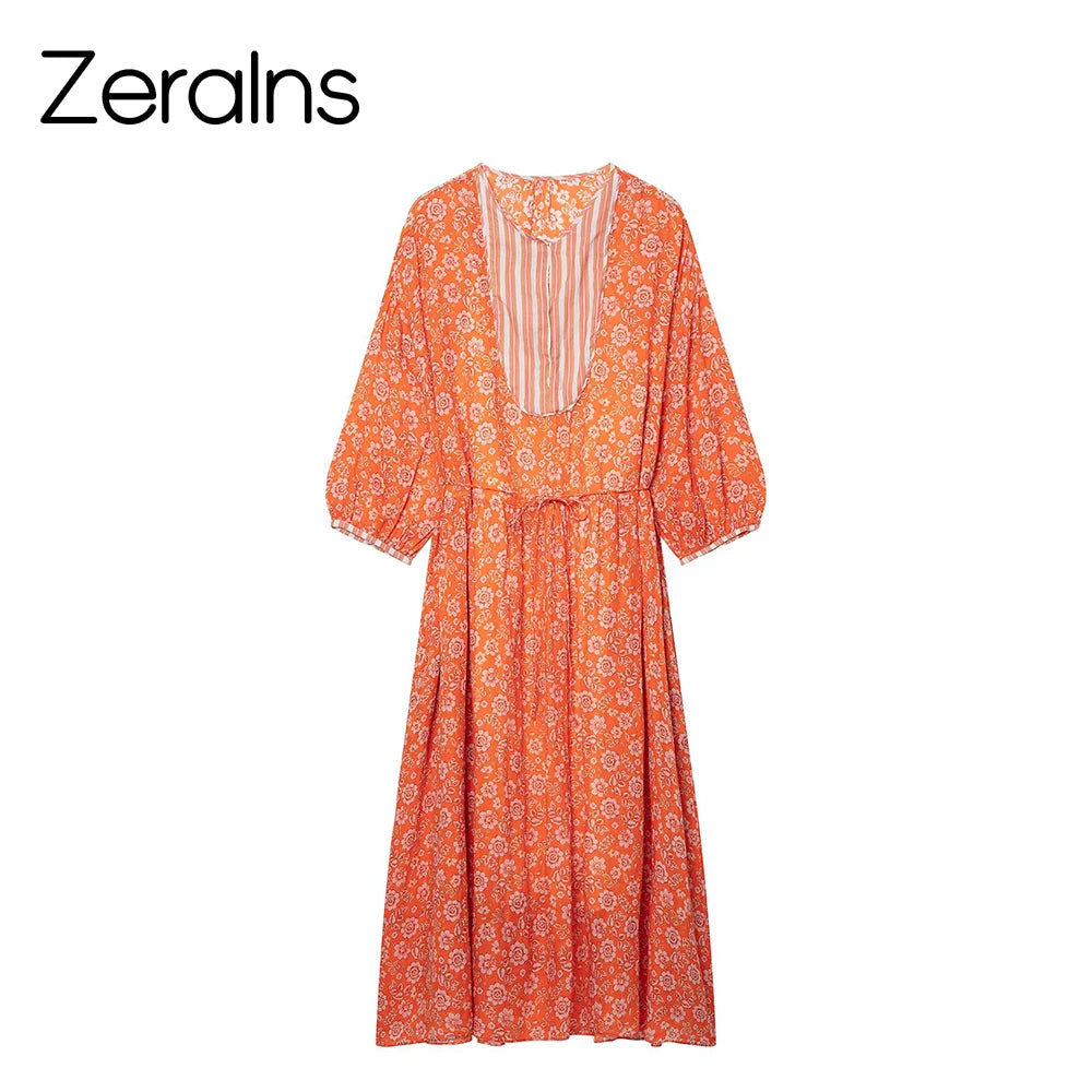 ZERAINS 2026 Summer New Women's Fashion Simple and Versatile Loose Seven Sleeve Flower Printed Dress