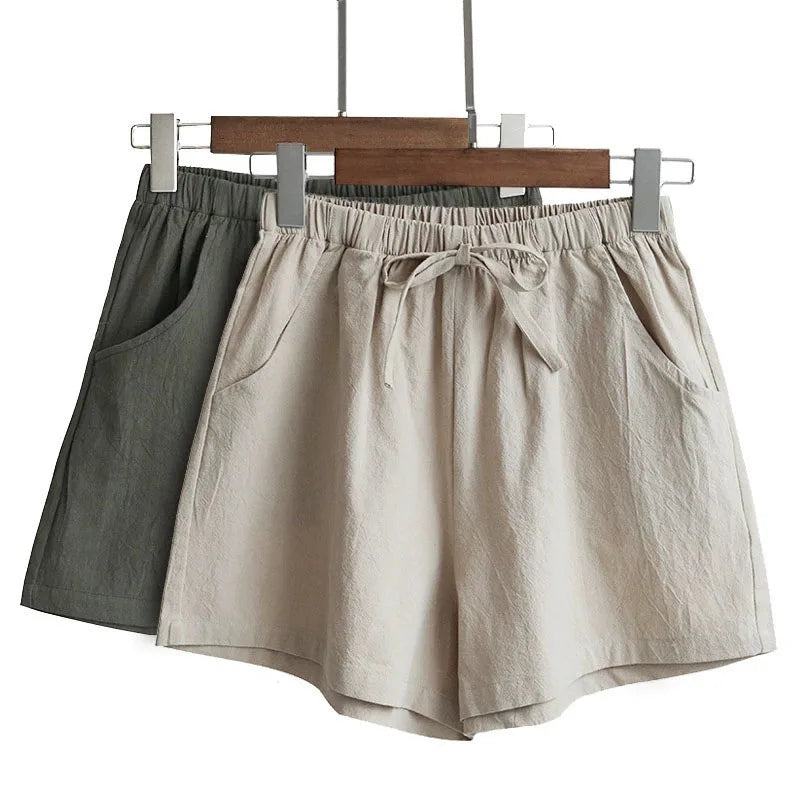 Women Cotton Linen Shorts 2026 New Summer High Waist Casual Sports Shorts Female Solid Color Pocket Loose Beach Hot Short Pants