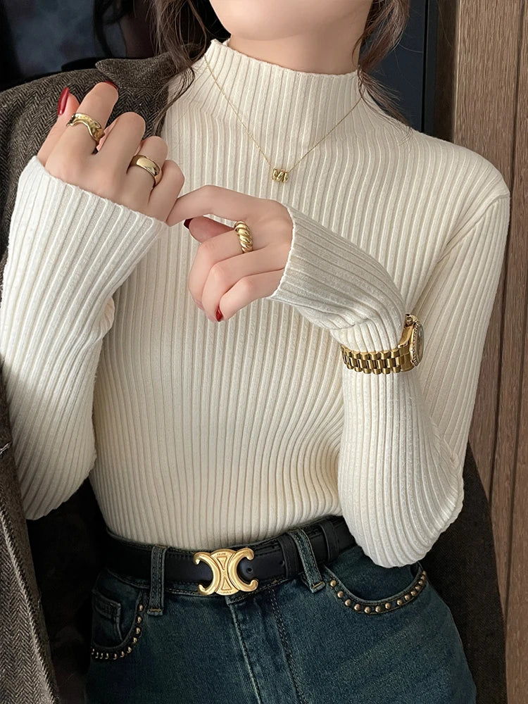 Solid Color Slim Tops Chic Autumn Winter 2026 Pullovers Women Long Sleeve Casual Turtleneck Warm Basic Sweater Knit Jumpers