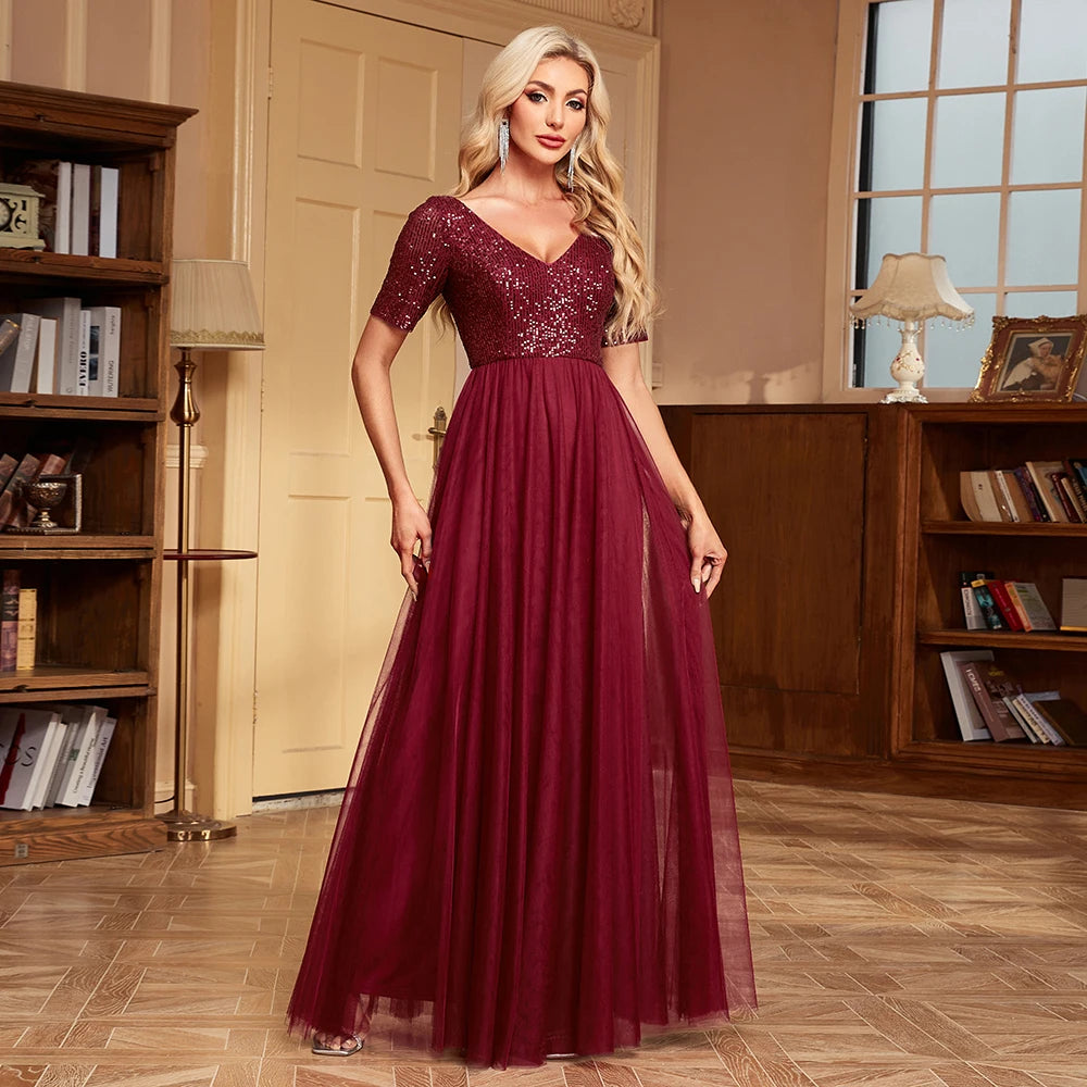 Women Elegant V-neck A-Line Tulle Evening Dress Floor Length Formal Prom Party Gown Sequins Short Sleeves Dress