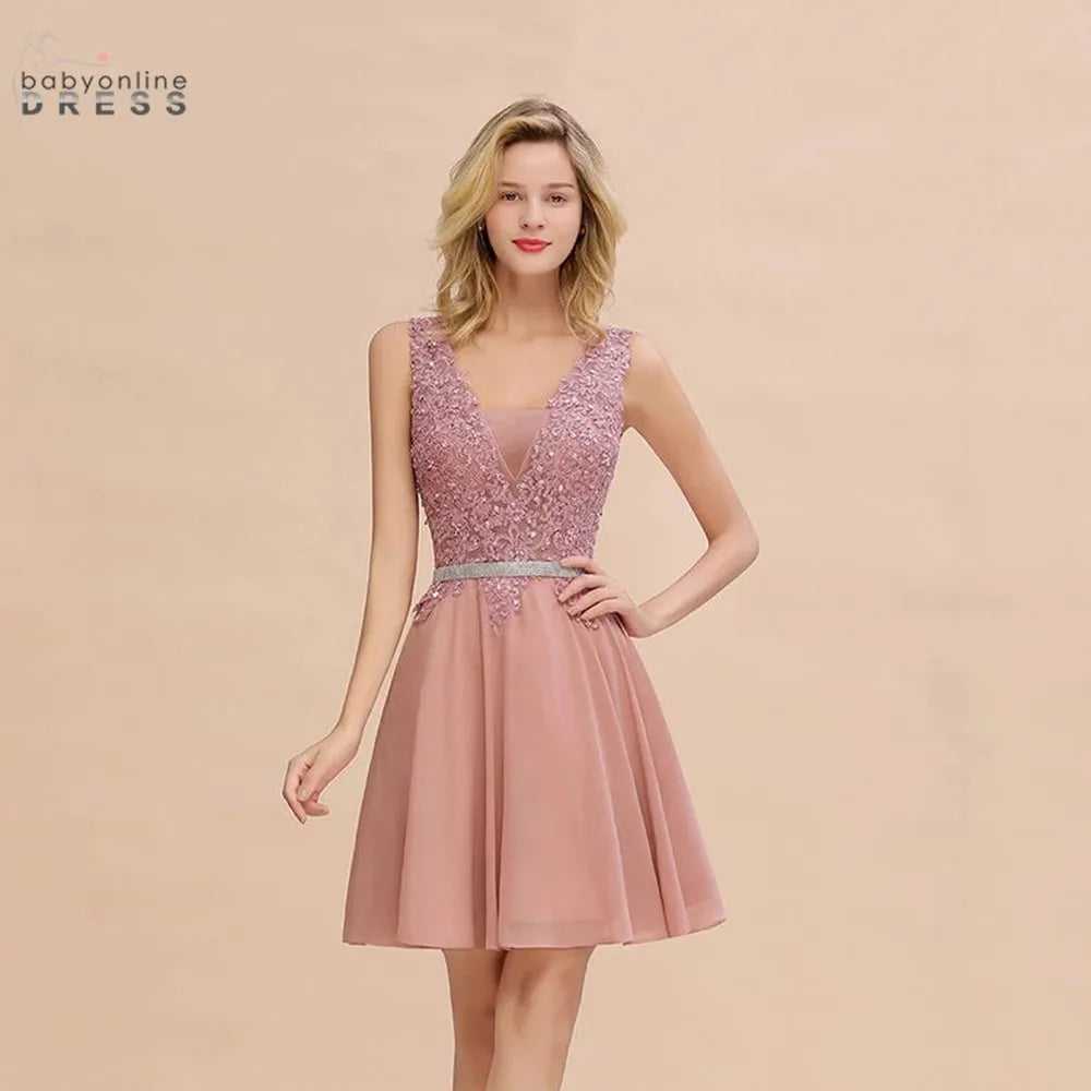 Newest Dusty Pink Sequins Lace Cocktail Dresses With Sashes Sexy V neck A Line Chiffon Short Party Gowns For Prom Evening 2025