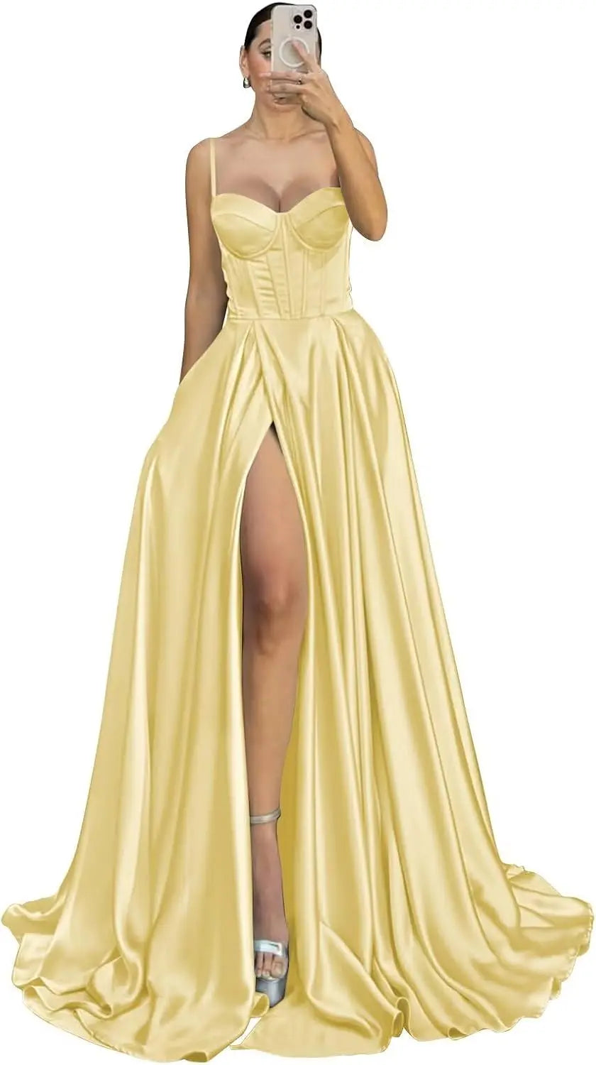 Satin Prom Dresses 2026 Spaghetti Straps Sweetheart Evening Gown for Women Formal Long Ball Gown Party Dress Elegant