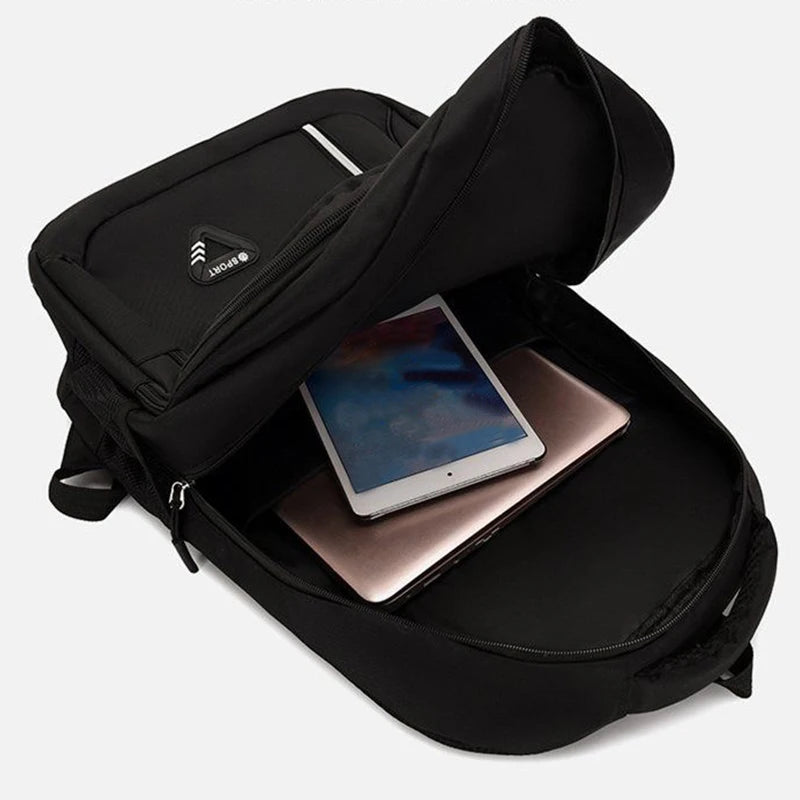 Neutral brand multi-layered backpack for men and women with various pockets,suitable for business trips.Made of nylon material.
