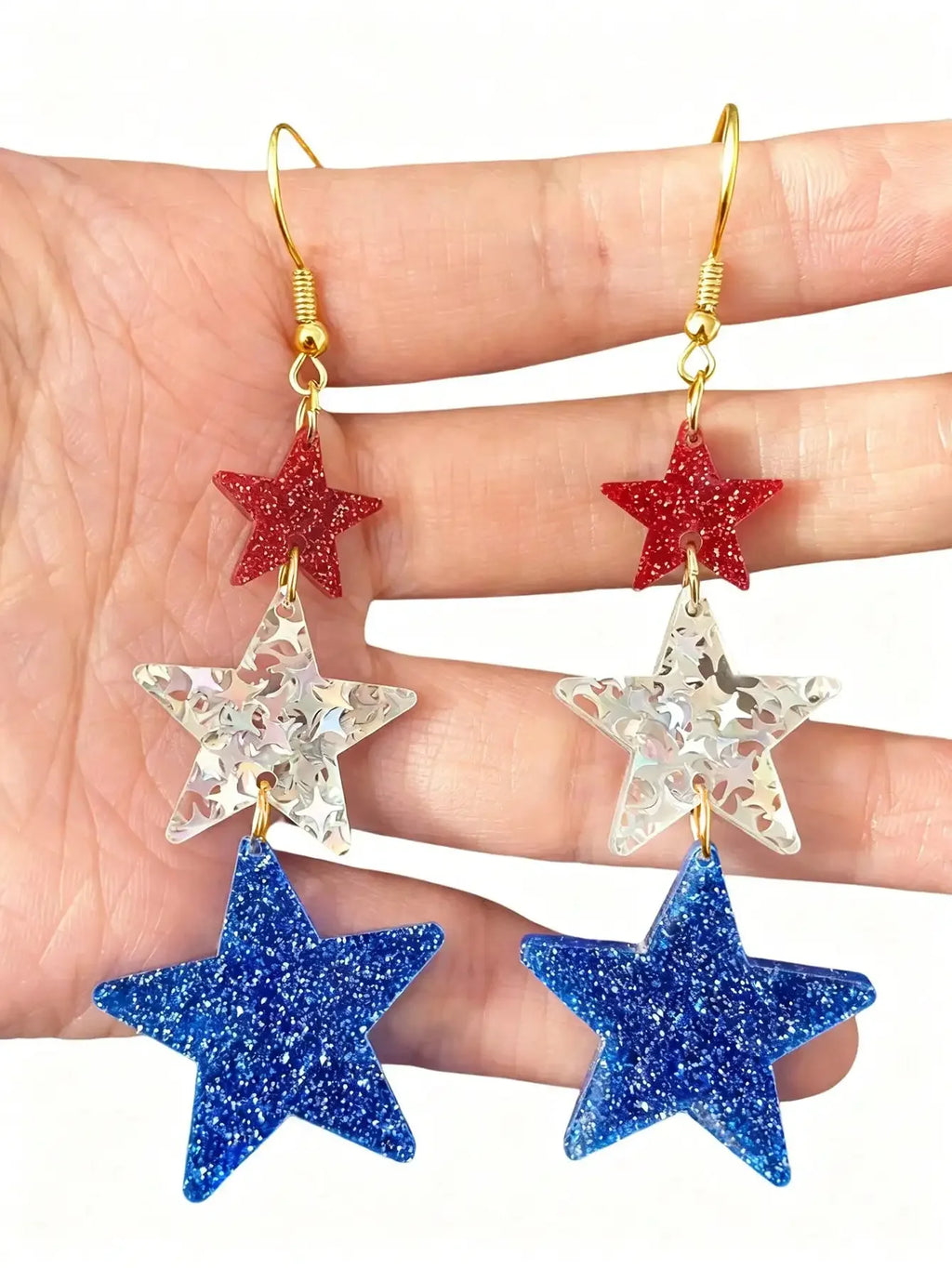 1 Pair Exaggerated 4th Of July Striped Acrylic Heart & Star USA Dangle Earrings, Small Stud Earrings