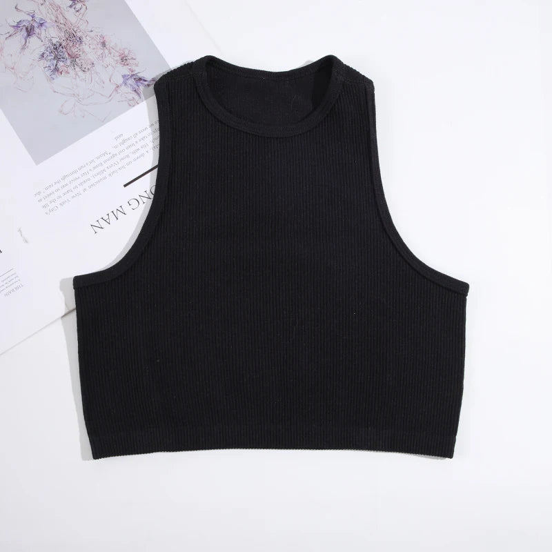 CHRLEISURE Sport Bra Women Rib-Knit Yoga Vest Round Neck Athletic Crop Top Seamless Elastic  Push Up Underwear without Pad