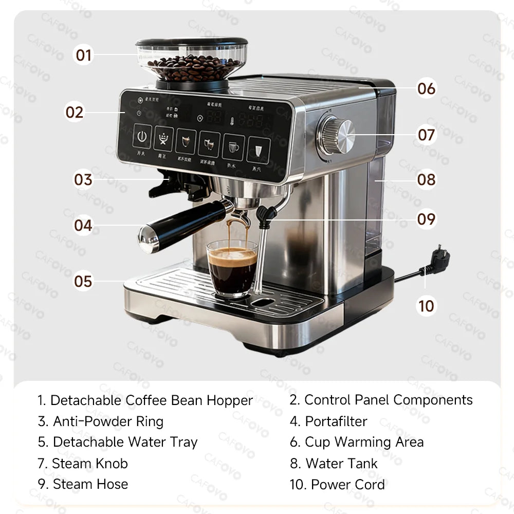 CAFOVO E136 3-in-1 20Bar Espresso Machine with Grinder and Steam Wand PID Temperature Control Coffee Maker for Home Barista 220V