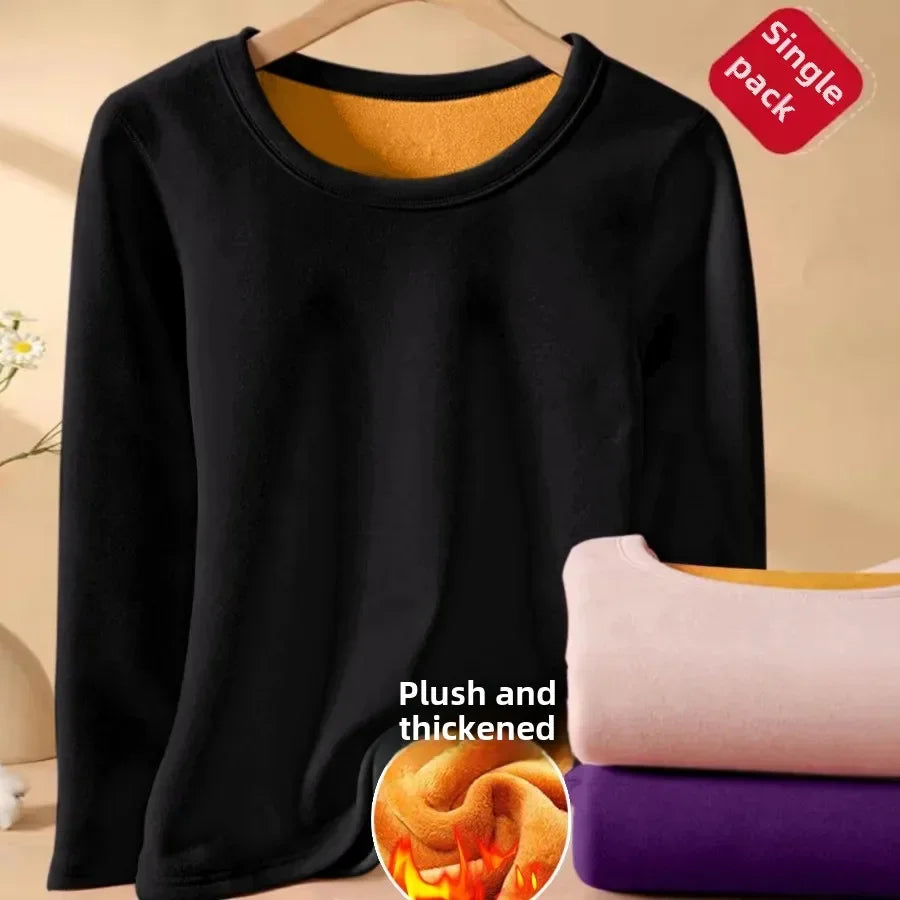 Thermal Underwear Women's Autumn/Winter Round Neck Fleece-Lined T-Shirt Base Layer Top Thickened Inner Solid Warm Bra
