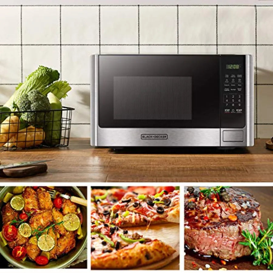 Digital Microwave Oven with Turntable Push-Button Door, Child Safety Lock, Stainless Steel, 0.9 Cu Ft