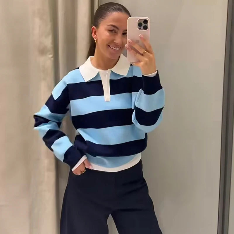 Women's 2026 New Knitted Striped Sweater Polo neck Pullover Spring Fashion Loose Elegant Warm Young Women Sweater Street Blouses