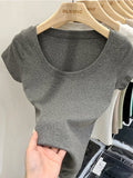 2026 Sexy Square Collar Slim T Shirt Women Cotton Elastic Basic Solid Female Casual Tops Short Sleeve Thin T-shirts See Through