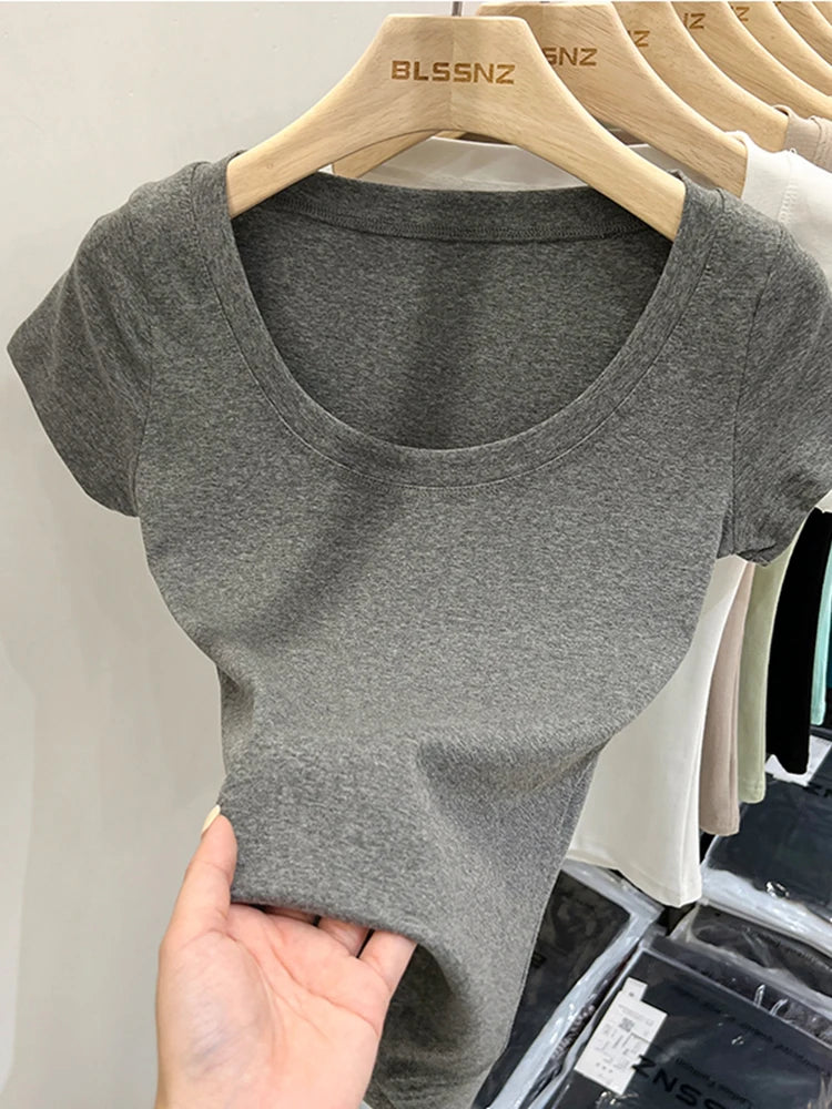 2026 Sexy Square Collar Slim T Shirt Women Cotton Elastic Basic Solid Female Casual Tops Short Sleeve Thin T-shirts See Through
