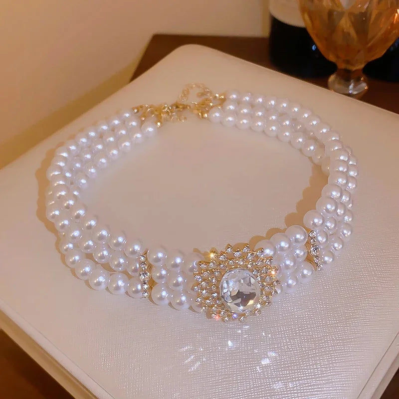 Crystal Rhinestone Oval Multi Layered Beaded Pearl Chokers Necklaces for Women Charms Temperament Elegant Necklace Noble Jewelry