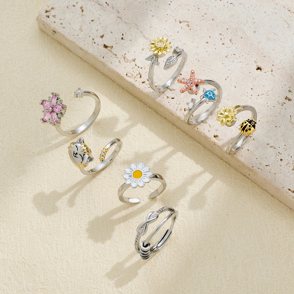 SMJEL Flower Shiny Rhinestone Rotatable Fidget Spinner Ring for Women Anti Anxiety Butterfly Animal Design Anti Stress Accessory