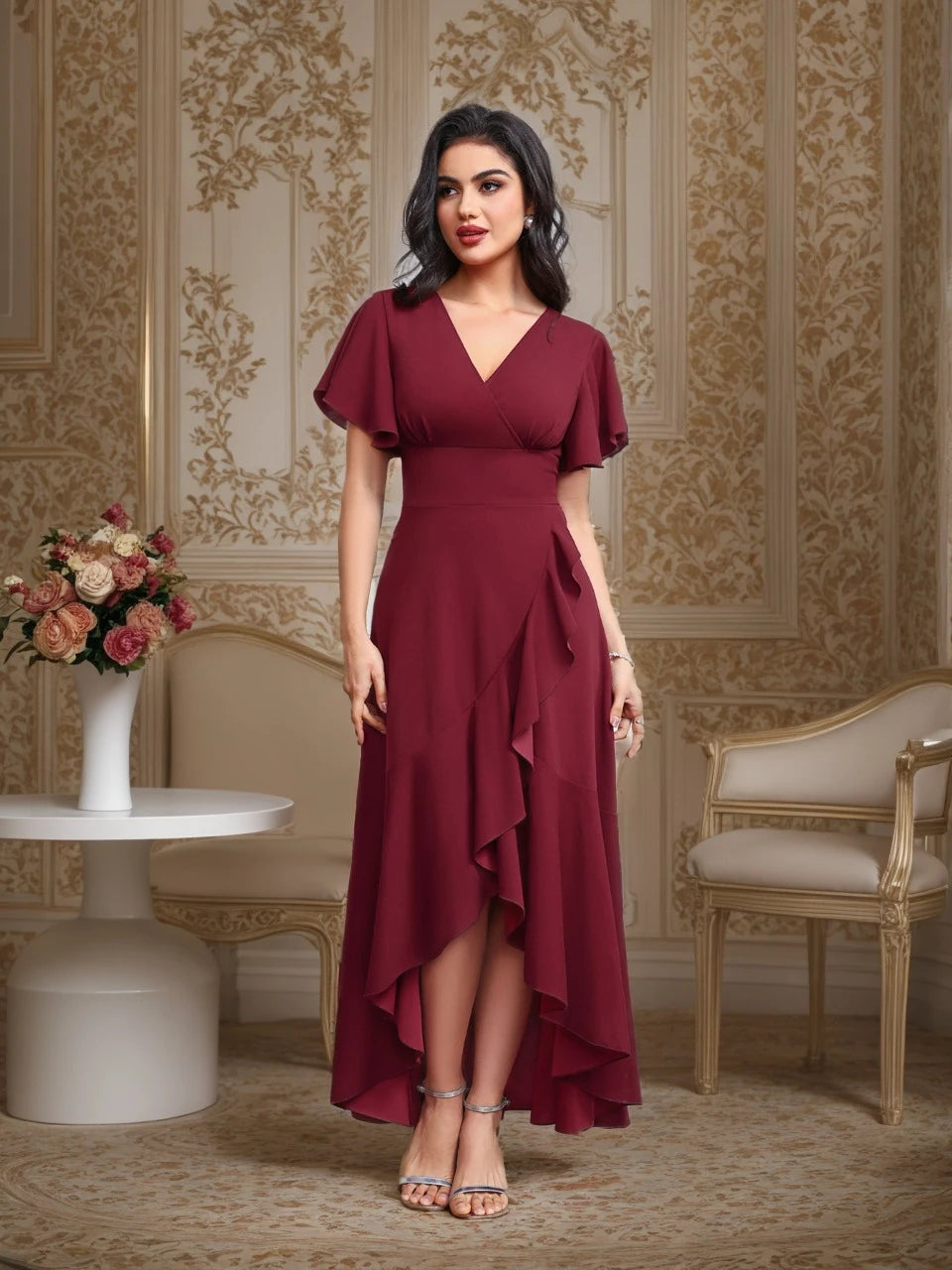 Women's Formal Evening Dresses Tulle Short Sleeve Cross V-Neck Ruffles Prom Dresses Asymmetric High-Low A-Line Split Party Gowns