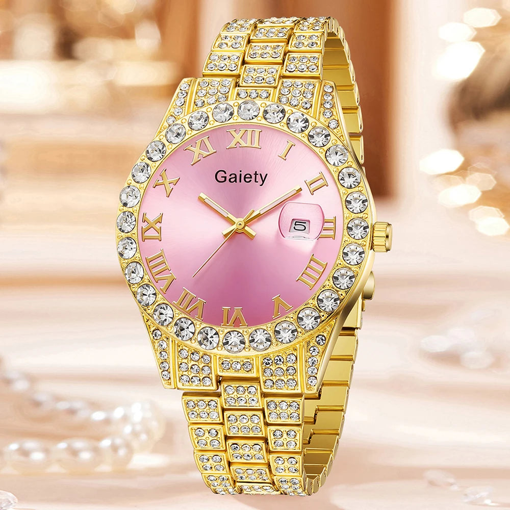2PCS Luxury Women's Watch Set Fashionable and Elegant Diamond Elements with Calendar Quartz Watch Bracelet Set Perfect Gift