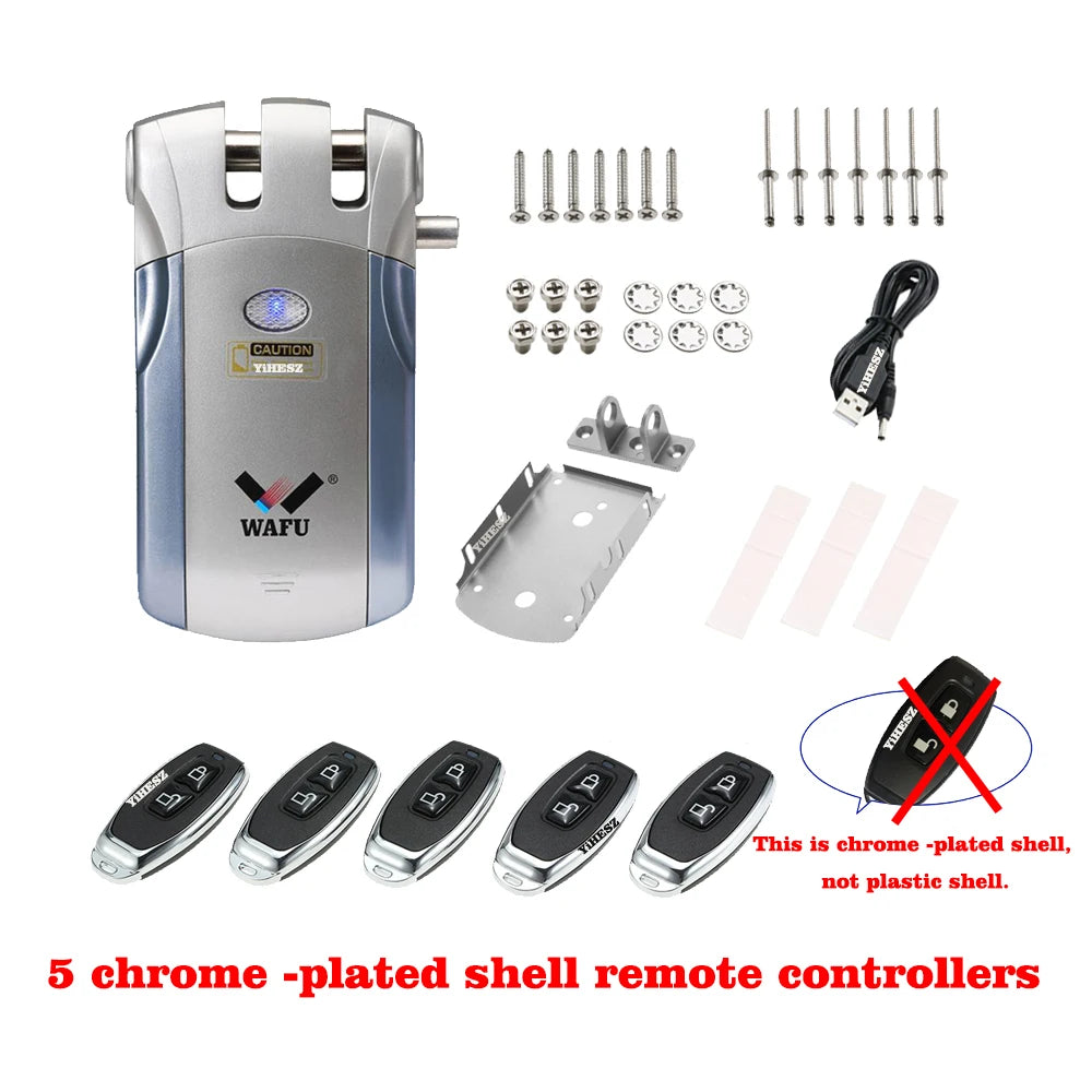 Wafu 019 Remote Control Lock 433Mhz Door Lock Invisible Deadbolt Smart Lock With 5 Chrome Plated Remote Controller