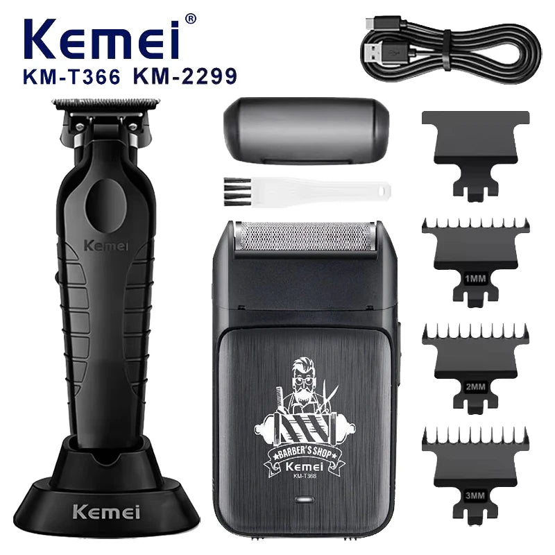 Kemei KM-2299 KM-T366 2 in 1 Professional Hair Clipper Set for Men Electric Oil Head Hair Trimmer Shear Carving Pusher Razor