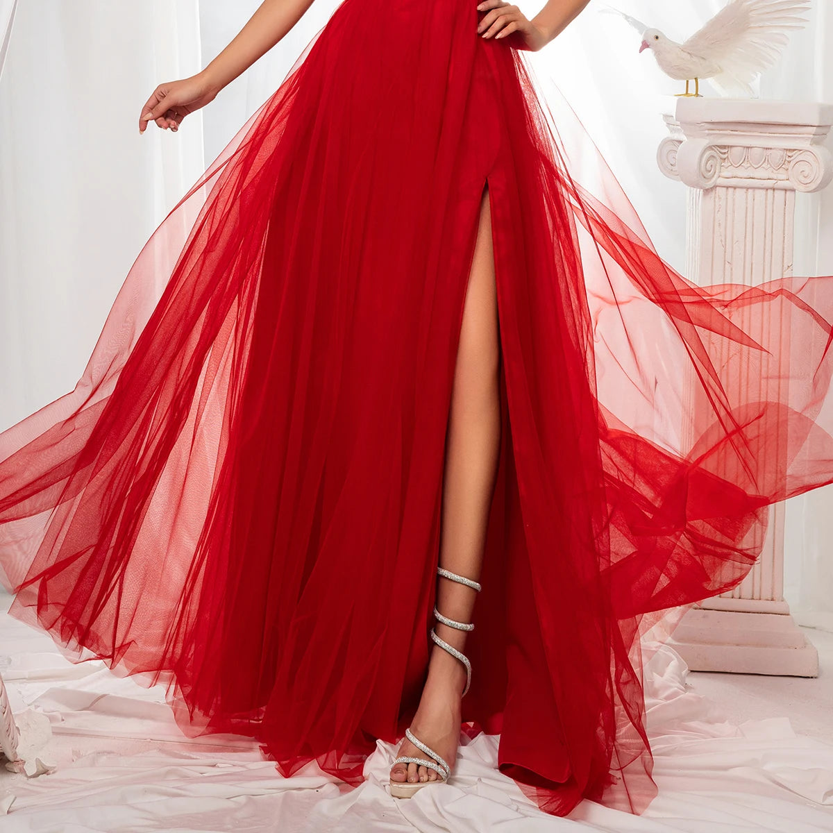 VIPGIRL Red One Shoulder Prom Dress Tulle Ruffle High Slit Lace Up A-line Evening Gown