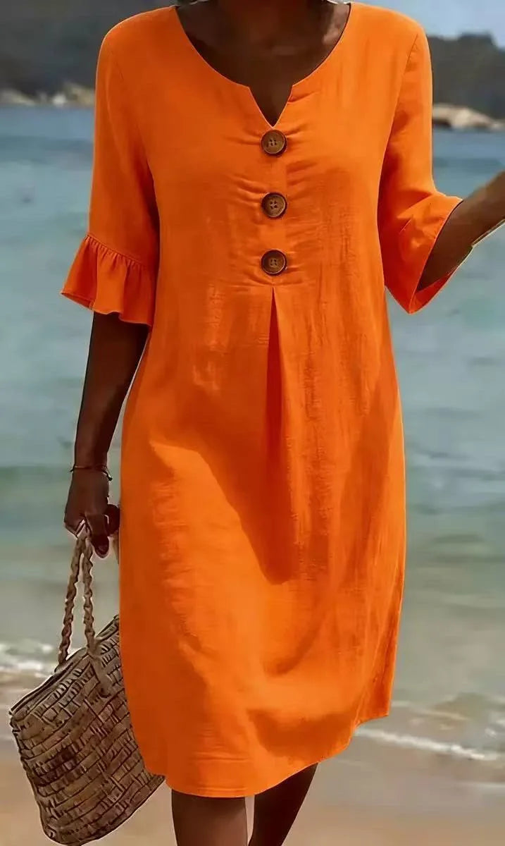 2026 Amazon European and American Cross-Border Spring and Summer New Cotton and Linen V-Neck Dress with Large Buttons and Ruffle