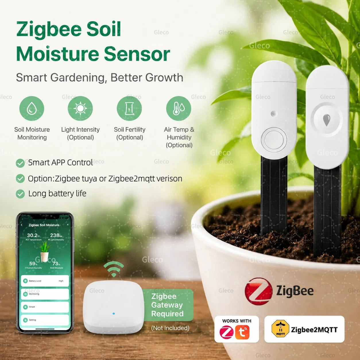 Zigbee Soil Sensor Moisture Temperature Humidity Tester Light Fertility Meter Garden Home Automation TUYA&Zigbee2MQTT Optional
