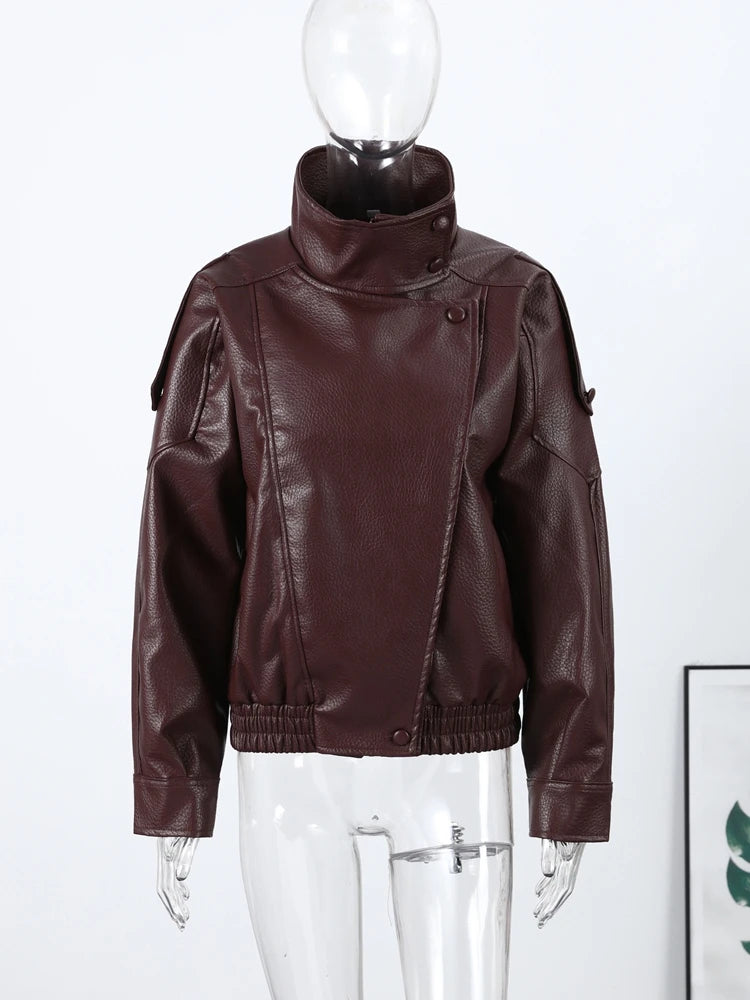 2026 Spring Women's Faux Leather Jacket Brown Black Long Sleeve Stand Collar Thick Loose Lady Coat Fashion Motorcycle Streetwear