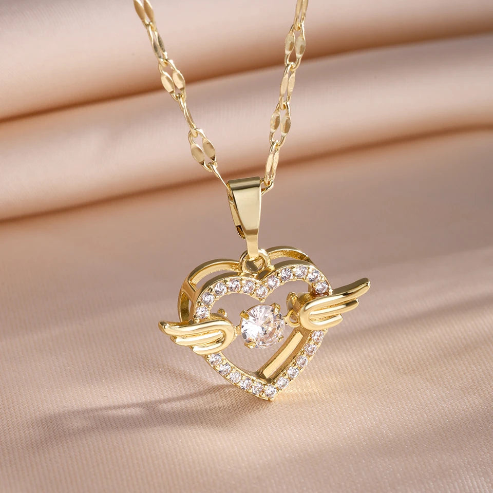 Trendy Heart Stainless Steel Zirconia Necklaces For Women Girls Love Gold Color Metal Necklace Party Birthday Daily Jewelry