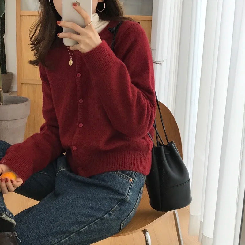 2026 Long Sleeve Vintage Y2k Tops Korean Knitted Cardigan Women's Autumn Winter Fashion O-Neck Versatile Slimming Basis Sweater