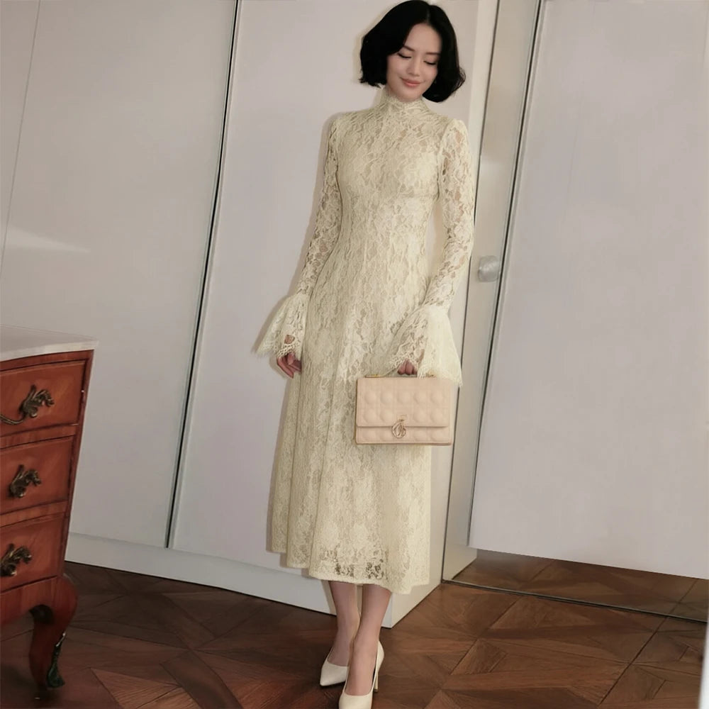 Oligai Women's Vintage Romantic Lace Maxi Dress Flared Long Sleeves High Waist A-Line Gown for Wedding Evening Party Dress