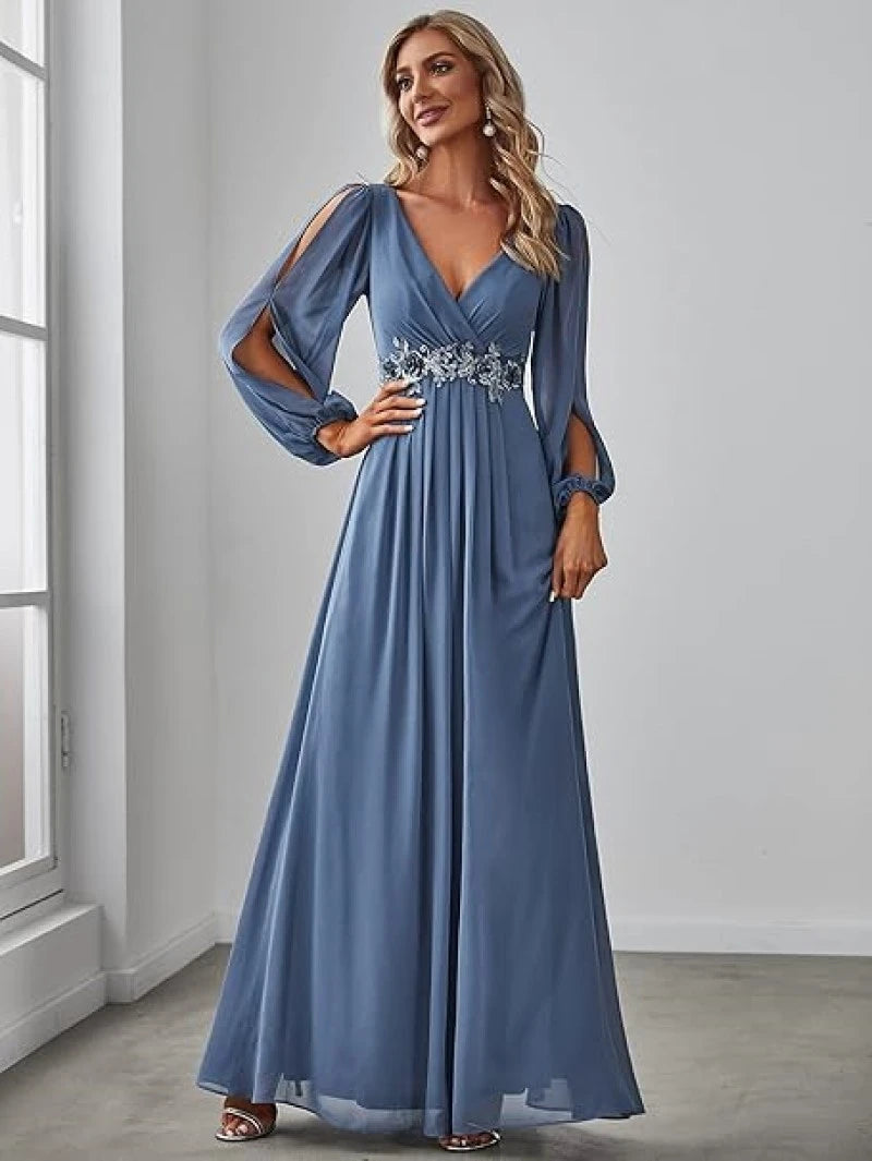Simple White Bridal Dresses For Women Sexy Deep V-Neck Hollow Long Sleeve Empire Evening Dress Floral Applique Maxi Wedding Gown