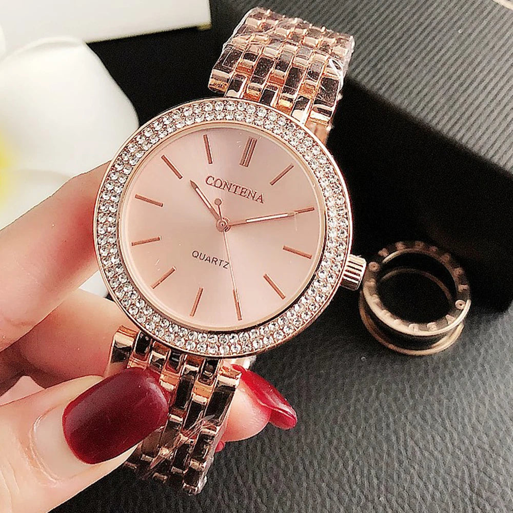 Contena Brand Luxury Women's Watch Fashion Rhinestones Stainless Steel Quartz Watch Simple Elegant Ladies Watch Reloj Mujer