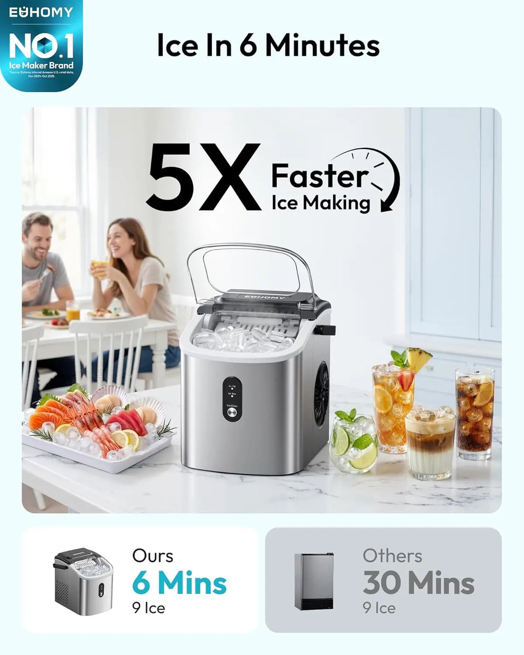 Ice Maker Countertop with Carry Handle, 26.5lbs/Day, 9 Bullet Cubes in 6 Mins, Auto-Cleaning, for Home Kitchen Camping RV