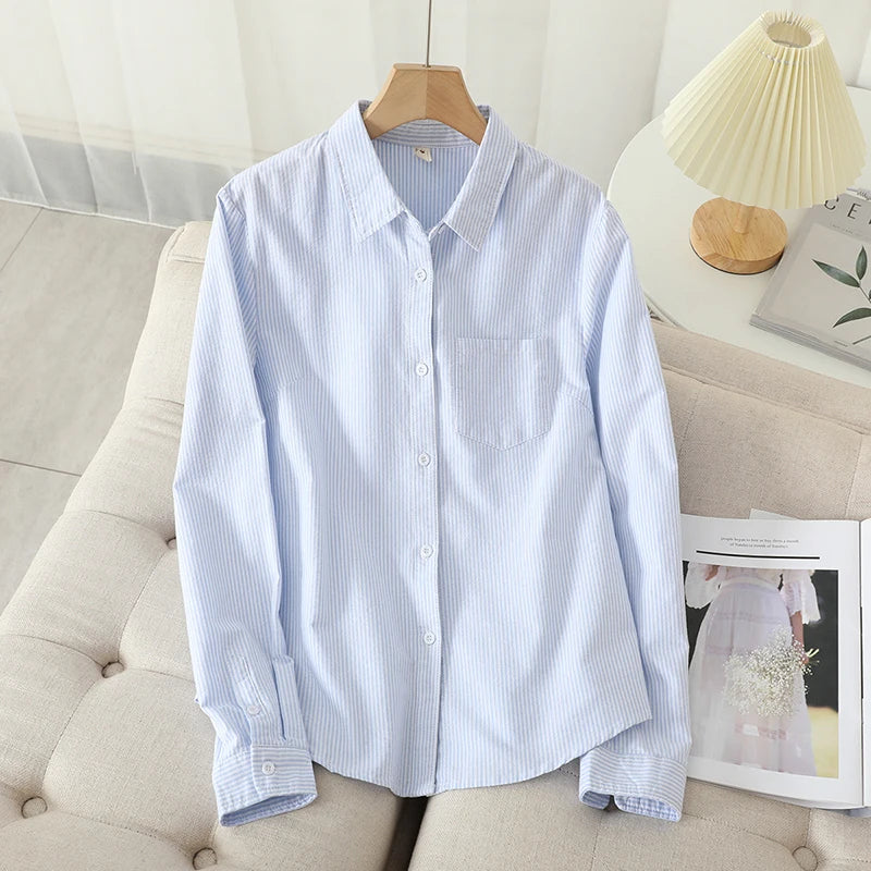 Casual Cotton Women's Oxford Shirt 2026 Autumn New Good Quality Woman Blouse and Tops Lady White Blue Striped Shirts Clothes