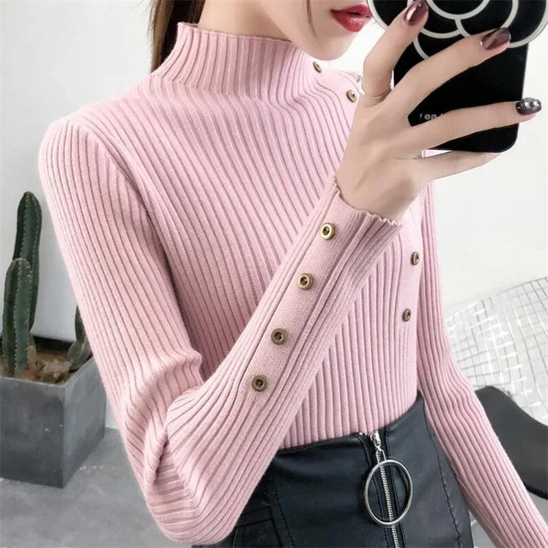 2026 Autumn Knitted Turtleneck Sweaters Women Solid Knitted Female Cotton Soft Elastic Color Slim Pullovers Button Full Sleeve
