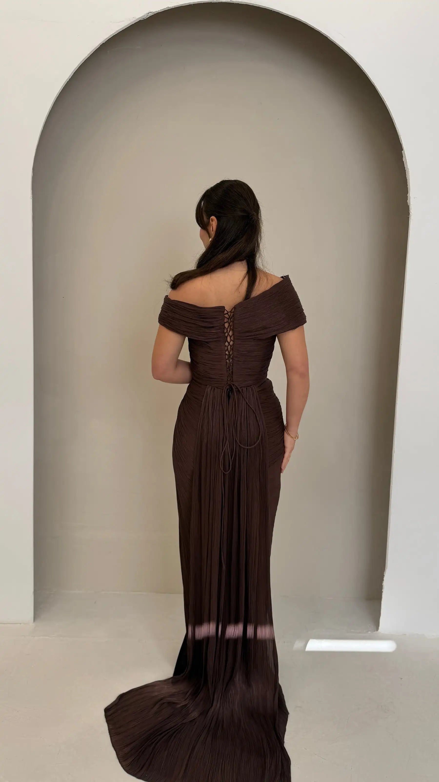 Sharon Said Dubai Brown Off Shoulder Long Evening Dresses Ruched Chiffon Mermaid Women's Formal Party Gowns SF364 Customized 99