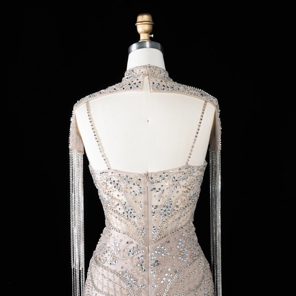 Sharon Said Luxury Mermaid Women's Formal Evening Dress Tassel Crystal High Collar Beaded Saudi Party Gowns SS182 Customized