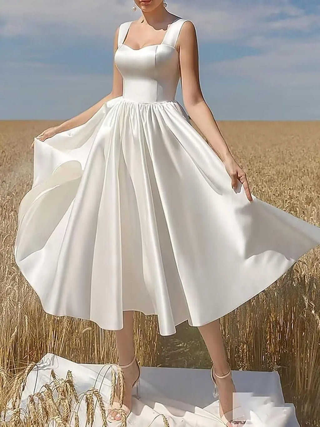 Womens Satin Tea Length Wedding Dresses for Bride Square Collar Midi A Line Formal Bridal Party Dress Simple Wedding Dress