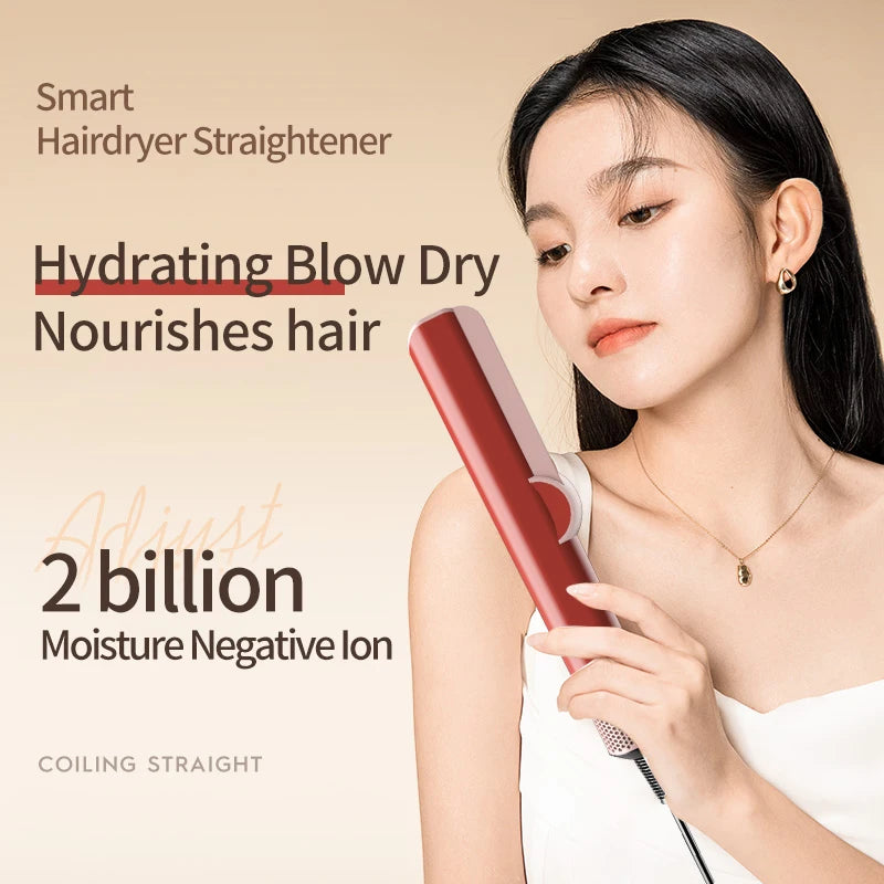 Professional 2-in-1 Negative Ion Hair Dryer & Straightener Long-Lasting Styling Tool Dual-Use Straightener for Wet or Dry Hair