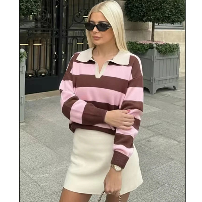 Women's 2026 New Knitted Striped Sweater Polo neck Pullover Spring Fashion Loose Elegant Warm Young Women Sweater Street Blouses