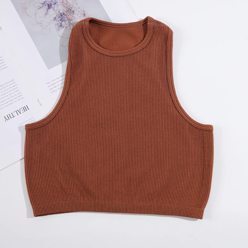 CHRLEISURE Sport Bra Women Rib-Knit Yoga Vest Round Neck Athletic Crop Top Seamless Elastic  Push Up Underwear without Pad
