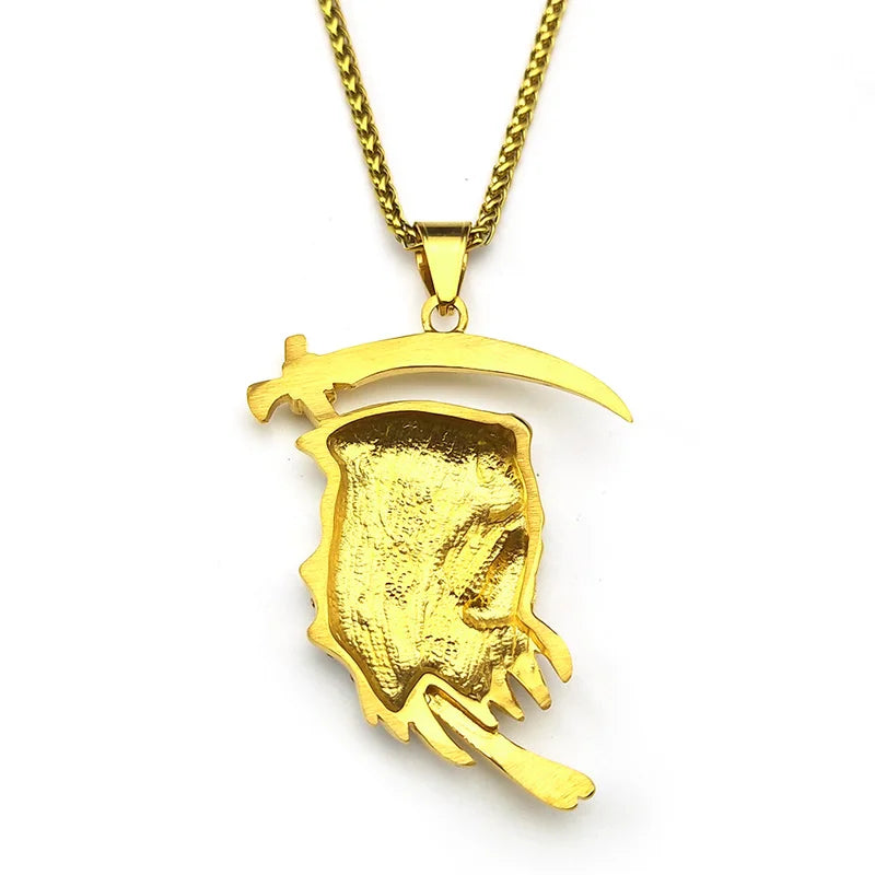 Stainless Steel Rhinestones Saint Death Santa Muerte Grim Reaper Pendant Necklace for Women Men Gold Plated Sickle Skull Jewelry