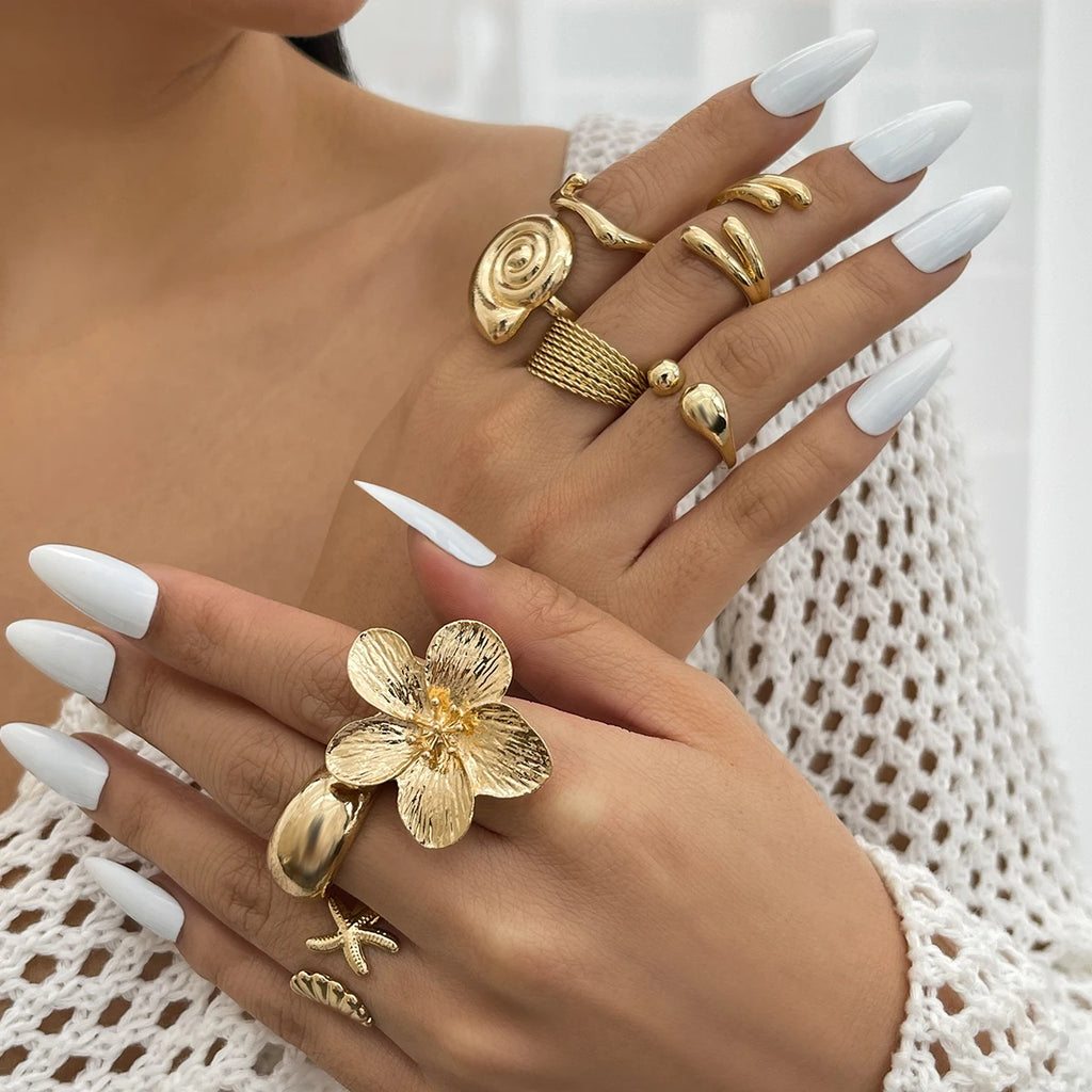 Ingemark 8Pcs/Set Vintage Metal Petal Flower Water Drop Open Rings for Women Trend 2025 Goth Geometric Ring Daily Jewelry Gift